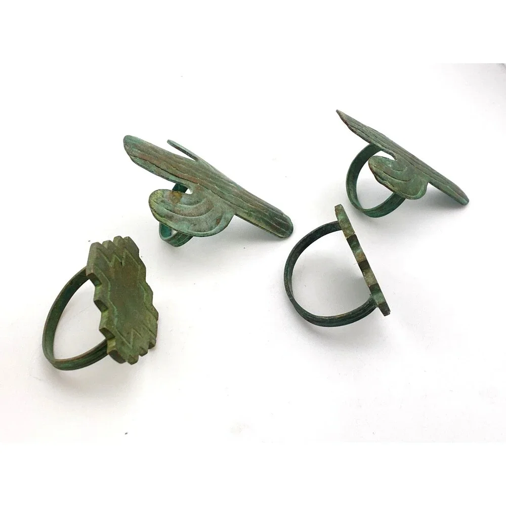 4pc Southwestern Design Vintage Napkin Rings Aged Copper Geometric Cactus Aztec